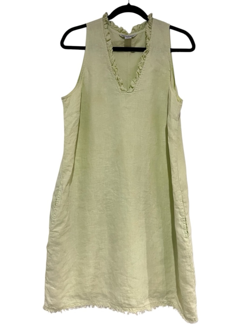 Tommy Bahama Linen Light Green Sleeveless Ruffle V neck Dress With Pockets